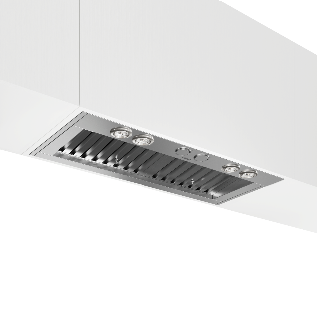 Coifa de embutir Elica Scanno 122cm em inox, integrada ao armário com design elegante e iluminação embutida.